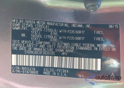 2015 Toyota Sienna Xle 8 Passenger from USA, damaged, VIN 5TDYK3DCXFS630195